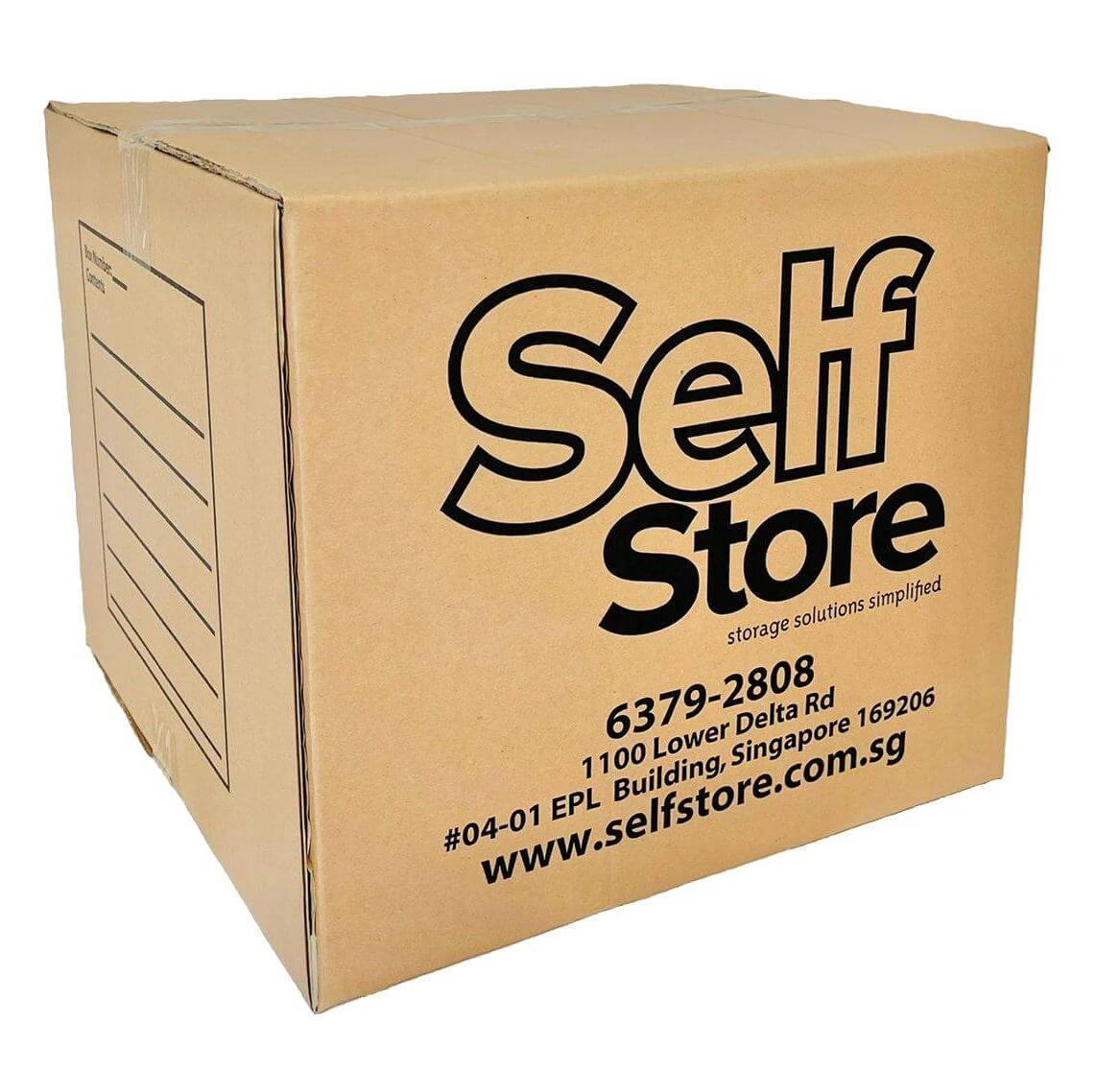 Shipping box labeled for Self Store with contact details.
